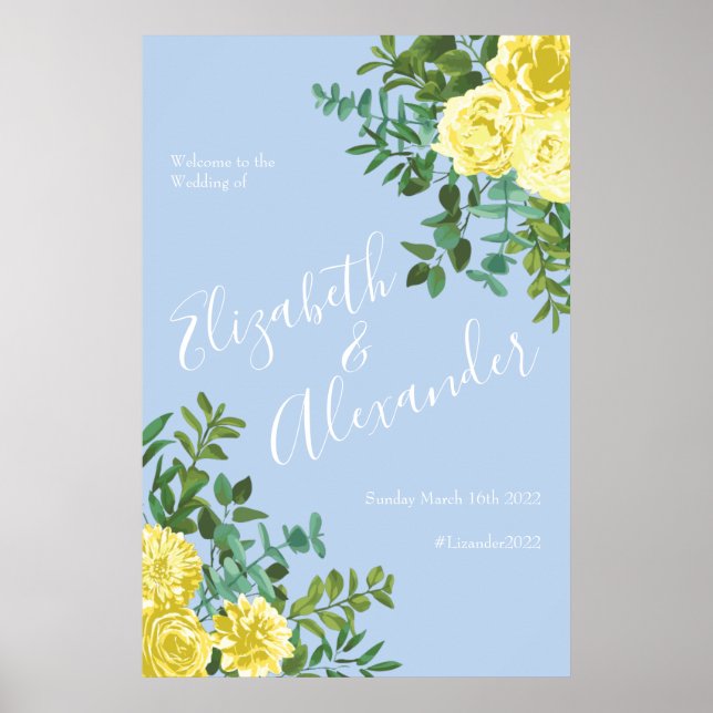 Light Yellow & Pale Blue Rose Floral Wedding Poster (Front)