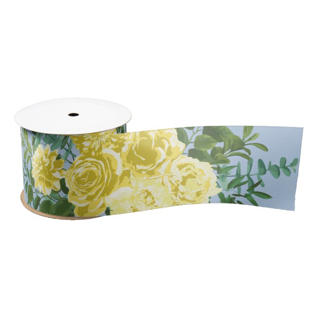 Light Yellow & Pale Blue Rose Floral Wedding Satin Ribbon (Spool)