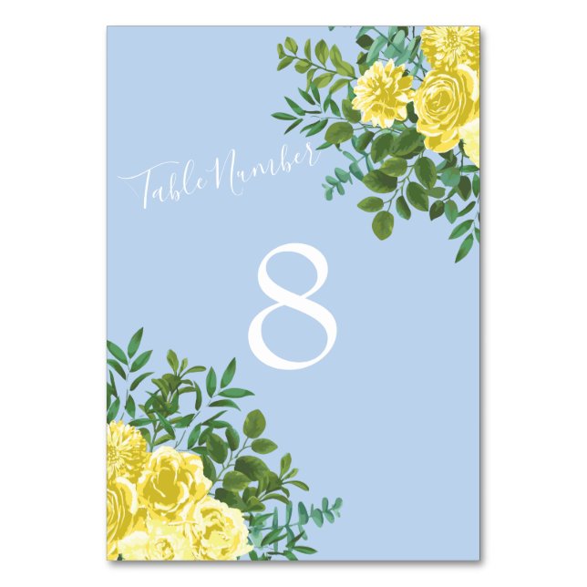 Light Yellow & Pale Blue Rose Floral Wedding Table Number (Back)