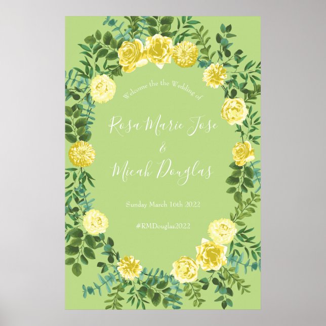 Light Yellow & Pale Green Rose Floral Wedding Poster (Front)