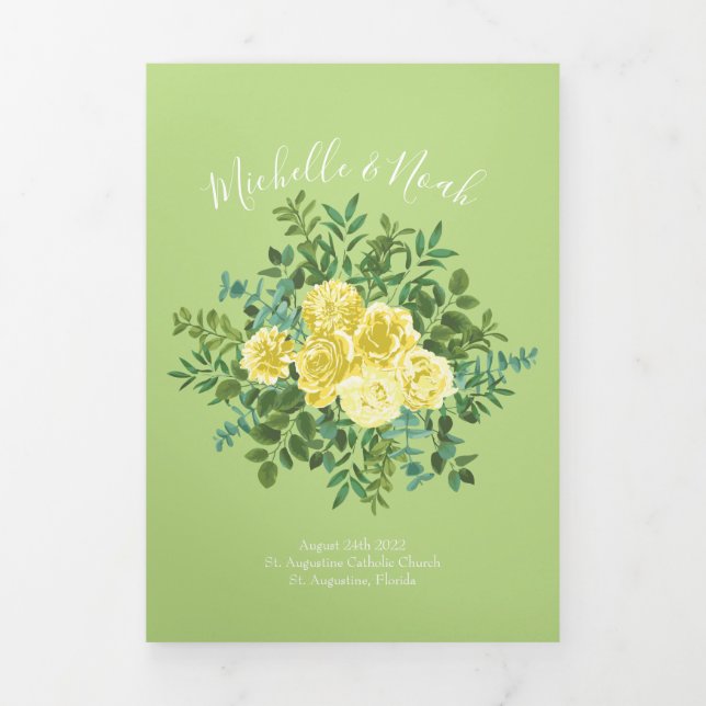Light Yellow & Pale Green Rose Wedding Programs Tri-Fold Programme (Cover)