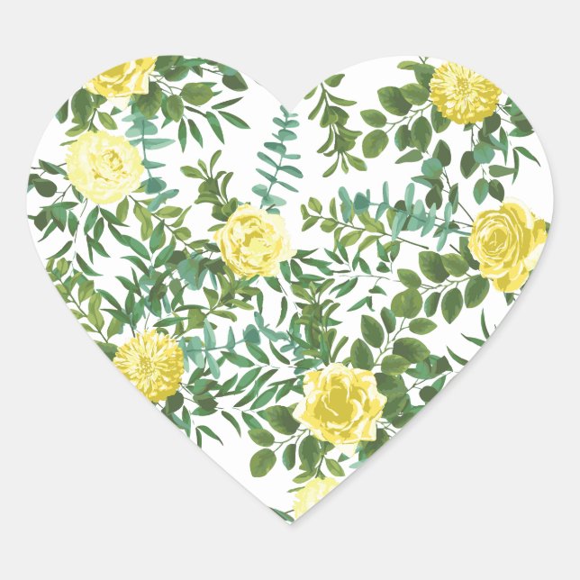 Light Yellow Pastel Peony & Rose Floral Wedding Heart Sticker (Front)