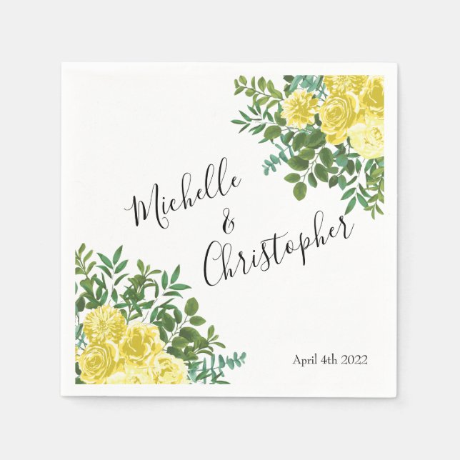 Light Yellow Pastel Peony & Rose Floral Wedding Napkin (Front)