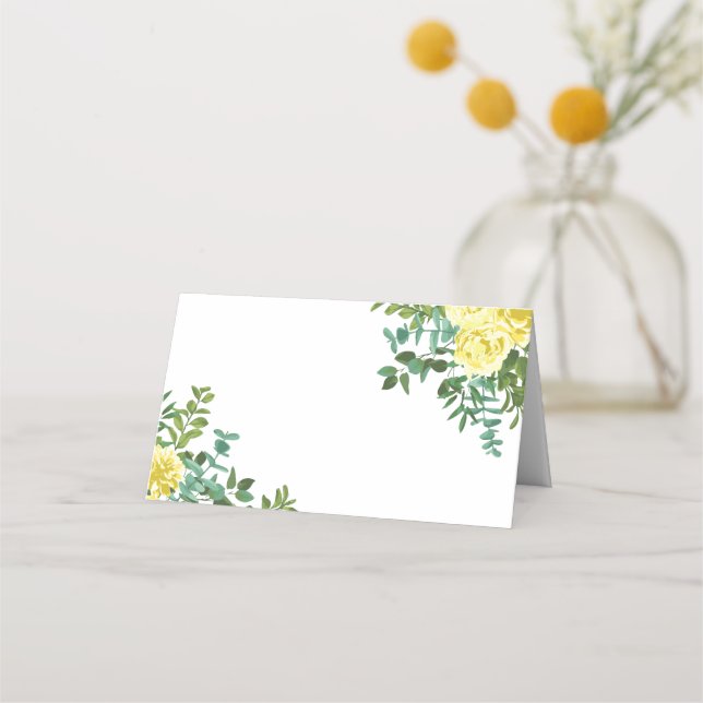 Light Yellow Pastel Peony & Rose Floral Wedding Place Card (Front)