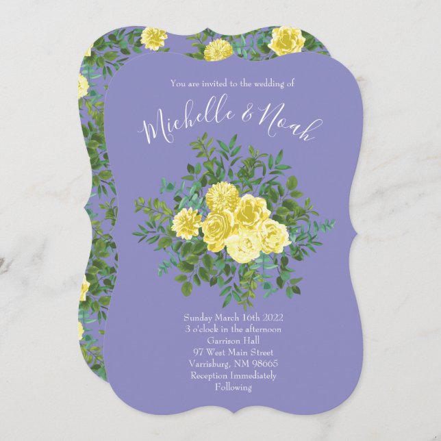 Light Yellow & Periwinkle Blue Rose Floral Wedding Invitation (Front/Back)