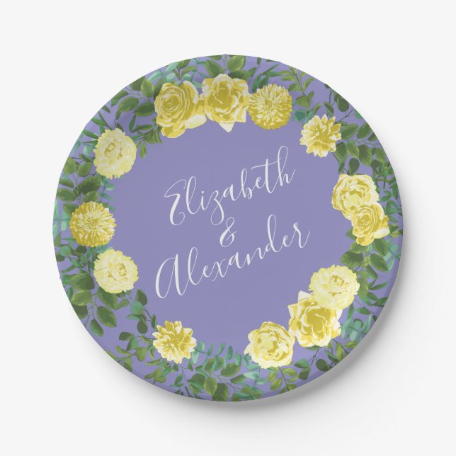 Light Yellow Periwinkle Blue Rose Floral Wedding Paper Plate (Front)