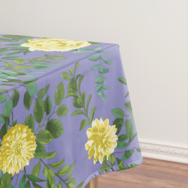 Light Yellow Periwinkle Blue Rose Floral Wedding Tablecloth (In Situ)