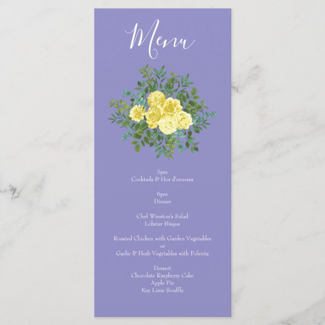 Light Yellow Periwinkle Blue Rose Wedding Menu (Front)
