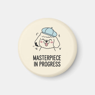 Light Yellow Poodle Puppy Blue Hat Whimsical Art Magnet