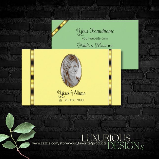 Light Yellow Sage Green with Photo Golden Stripes Business Card (Creator Uploaded)