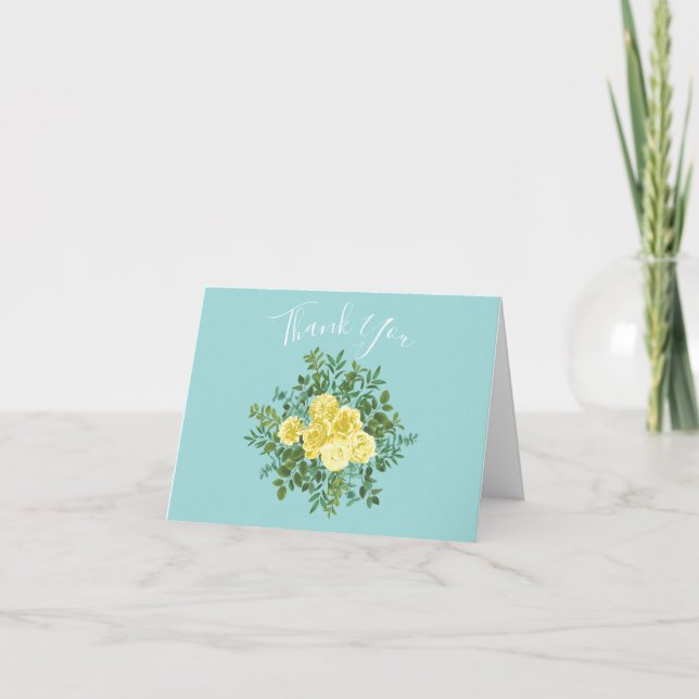Light Yellow & Teal Aqua Rose Floral Thank You Card (Front)