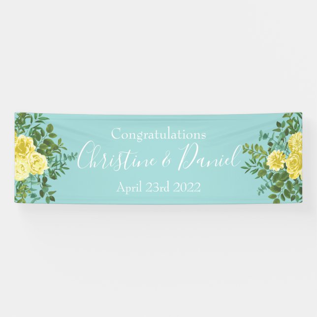 Light Yellow & Teal Aqua Rose Floral Wedding Banner (Horizontal)