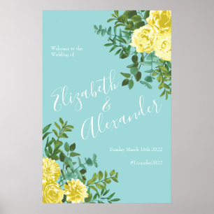 Light Yellow & Teal Aqua Rose Floral Wedding Poster