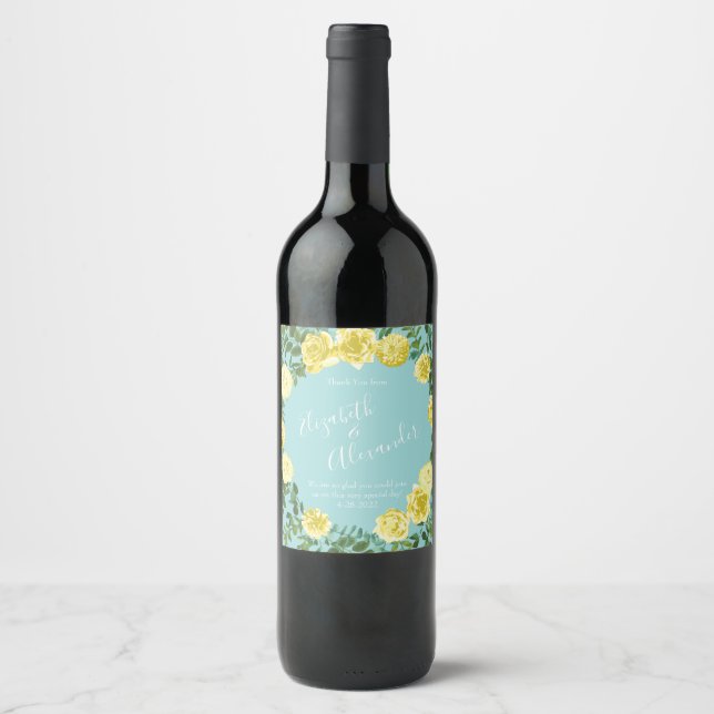 Light Yellow & Teal Aqua Rose Floral Wedding Wine Label (Front)