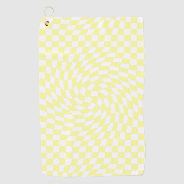 Light Yellow & White Checks Chequered Pattern Golf Towel (Front)
