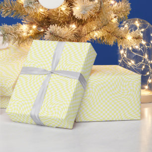 Light Yellow & White Warped Chequered Pattern  Wrapping Paper