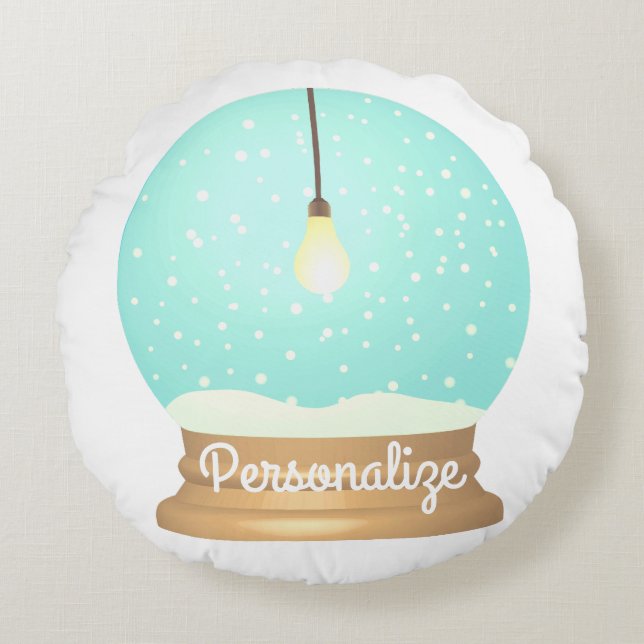 Lightbulb snow globe cute blue yellow winter round cushion (Front)