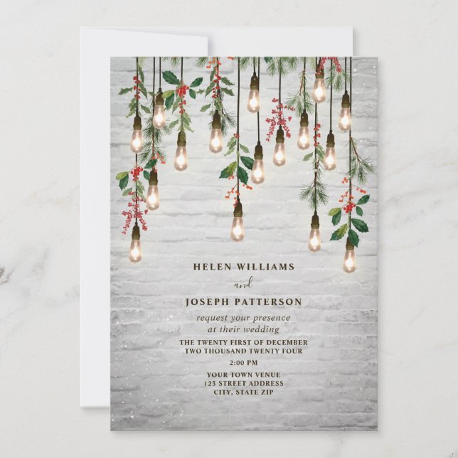 Lightbulbs White Brick Christmas Winter Wedding  Invitation (Front)