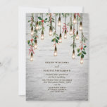 Lightbulbs White Brick Christmas Winter Wedding  Invitation<br><div class="desc">Vintage Edison lights with botanical greenery of holly and evergreen hanging from top over white brick background.</div>