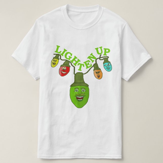 Lighten Up Christmas Pun Cartoon Tree Lights T-Shirt (Design Front)