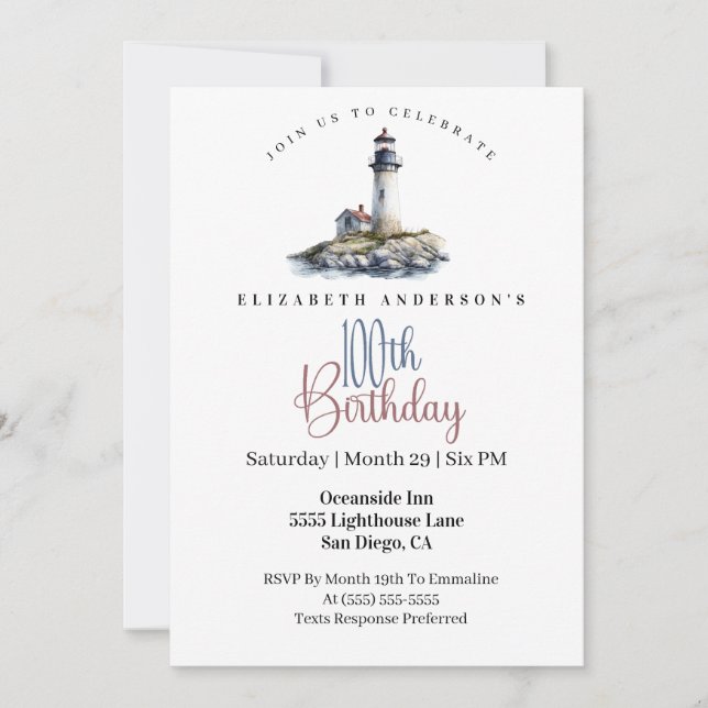 Lighthouse 100th Birthday Invitation (Front)