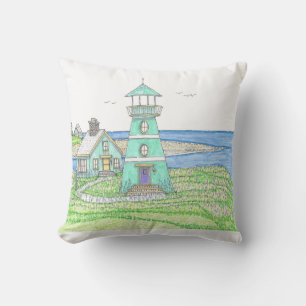 Lighthouse 5; Outdoor Pillow; Cyan Cushion