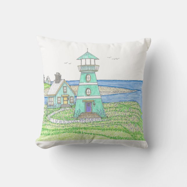 Lighthouse 5; Outdoor Pillow; Cyan Cushion (Front)