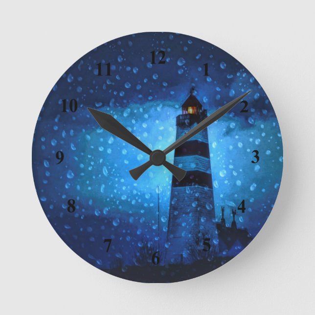 Lighthouse a rainy blue dark night nautical round clock (Front)