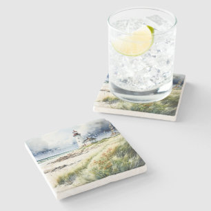 Lighthouse and Beach Scene Stone Coaster