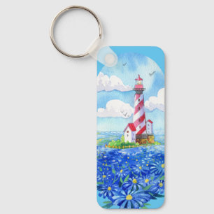 Lighthouse and Blue Daisies Floral Art Key Ring