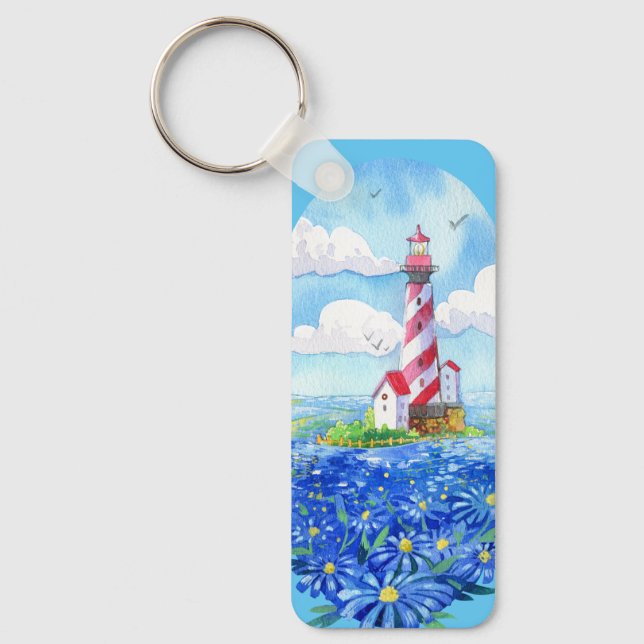 Lighthouse and Blue Daisies Floral Art  Key Ring (Front)