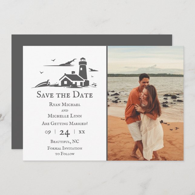 Lighthouse and Boat Nautical Seaside Beach Wedding Save The Date (Front/Back)