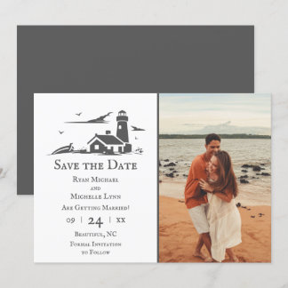 Lighthouse and Boat Nautical Seaside Beach Wedding Save The Date