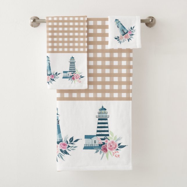 Lighthouse and Gingham Plaid  Bath Towel Set (Insitu)