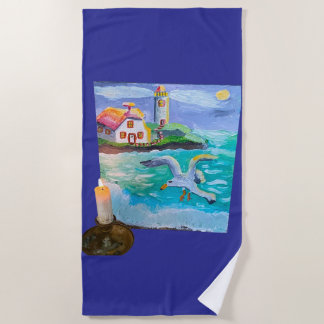 Lighthouse And Gull By Candlelight 🕯️  Beach Towel