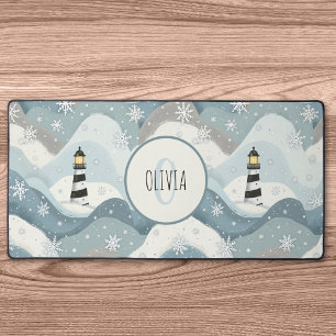 Lighthouse and Icy Waves Winter Nautical Monogram Desk Mat