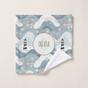Lighthouse and Icy Waves Winter Nautical Monogram Wash Cloth