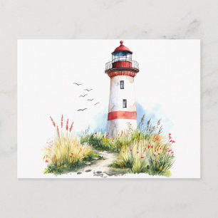Lighthouse and Nature Scene Watercolor Postcard