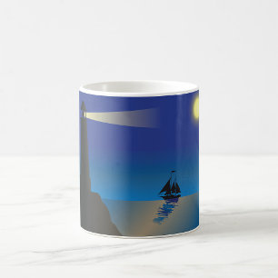Lighthouse and Sailboat at Night Moonlit Ocean Coffee Mug