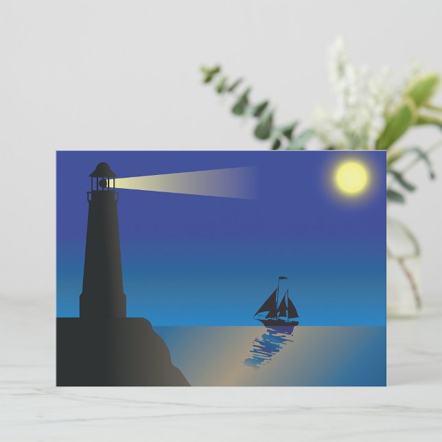 Lighthouse and Sailboat at Night Moonlit Ocean Invitation (Creator Uploaded)