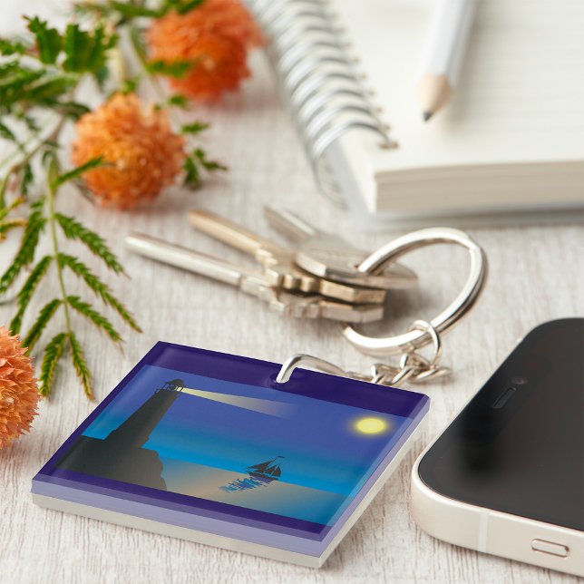 Lighthouse and Sailboat at Night Moonlit Ocean Key Ring (Creator Uploaded)