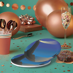 Lighthouse and Sailboat at Night Moonlit Ocean Paper Plate