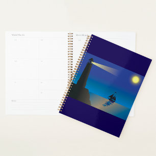 Lighthouse and Sailboat at Night Moonlit Ocean Planner