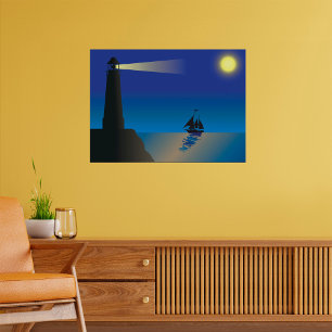 Lighthouse and Sailboat at Night Moonlit Ocean Poster