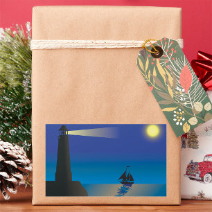 Lighthouse and Sailboat at Night Moonlit Ocean Rectangular Sticker