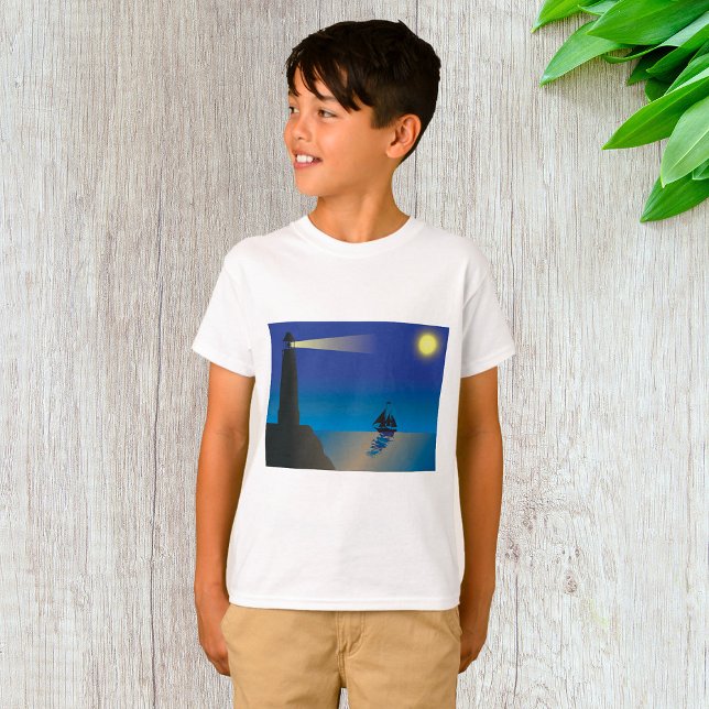 Lighthouse and Sailboat at Night Moonlit Ocean T-Shirt (Creator Uploaded)