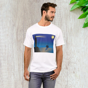 Lighthouse and Sailboat at Night Moonlit Ocean T-Shirt