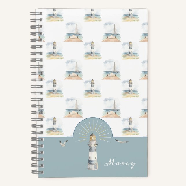 Lighthouse and Sailboat Dream Beach Notebook (Front)