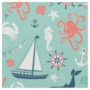 Lighthouse and Sailboats Nautical Aqua Fabric