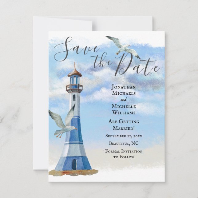 Lighthouse and Seagulls Nautical Beach Wedding Save The Date (Front)